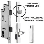 Hoppe Automatic tongue lock with roller pin release trigger for automatic lock engagement